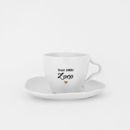 Biała Asymetryczna Filiżanka Porcelanowa ze Spodkiem 200 ml - Napis Dzień Dobry Żono ze Złotym Sercem dla Żony na Rocznicę Ślubu