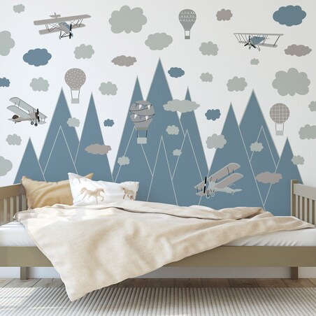 ZESTAW NAKLEJEK DLA DZIECI NIEBIESKIE GÓRY SAMOLOT BALONY CHMURY