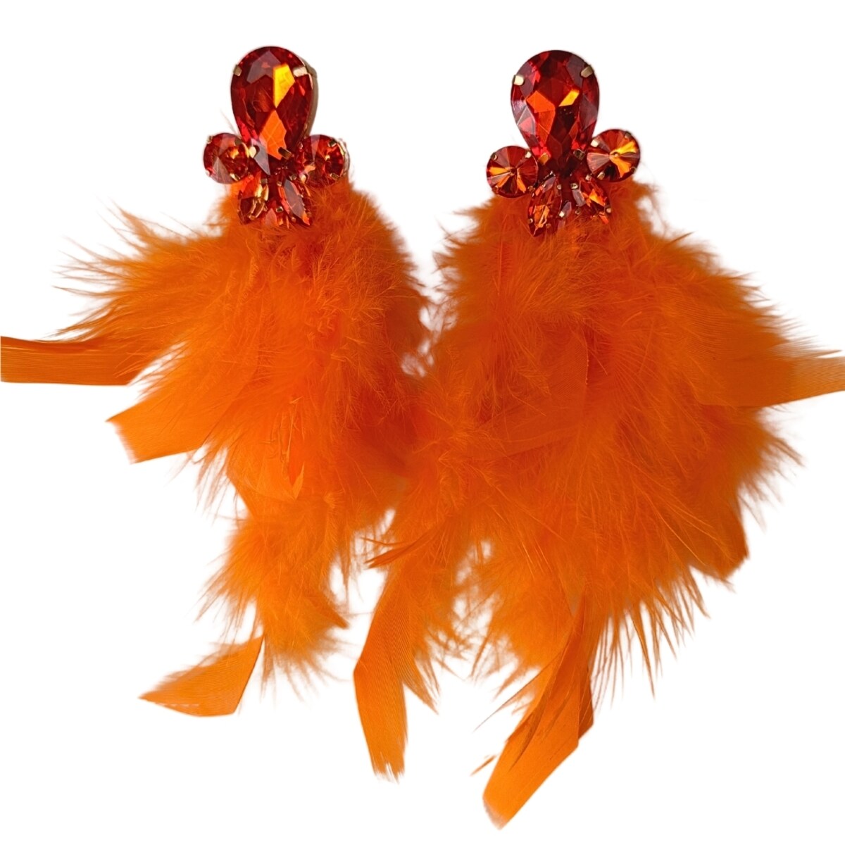 Pomarańczowe kolczyki neonowe złote długie lekkie pióra szykowne eleganckie