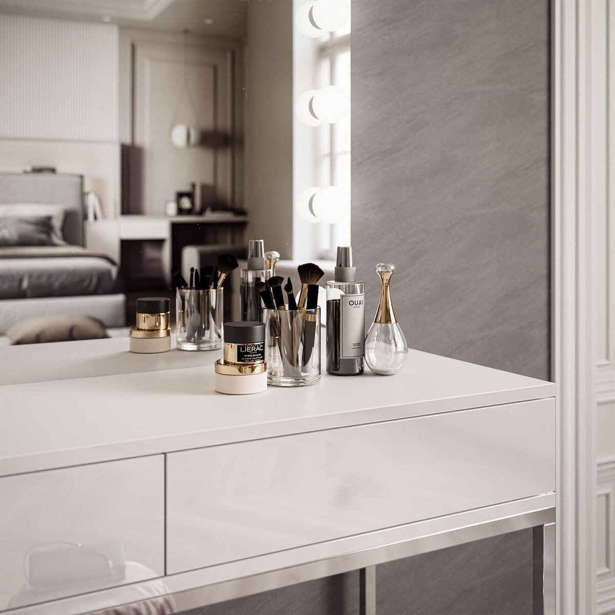 Toaletka BLANCO GLAMOUR ELITE 100x42x81 cm, biały wysoki połysk, lustro z 12 LED, push open