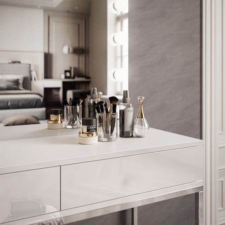 Toaletka BLANCO GLAMOUR ELITE 100x42x81 cm, biały wysoki połysk, lustro z 12 LED, push open