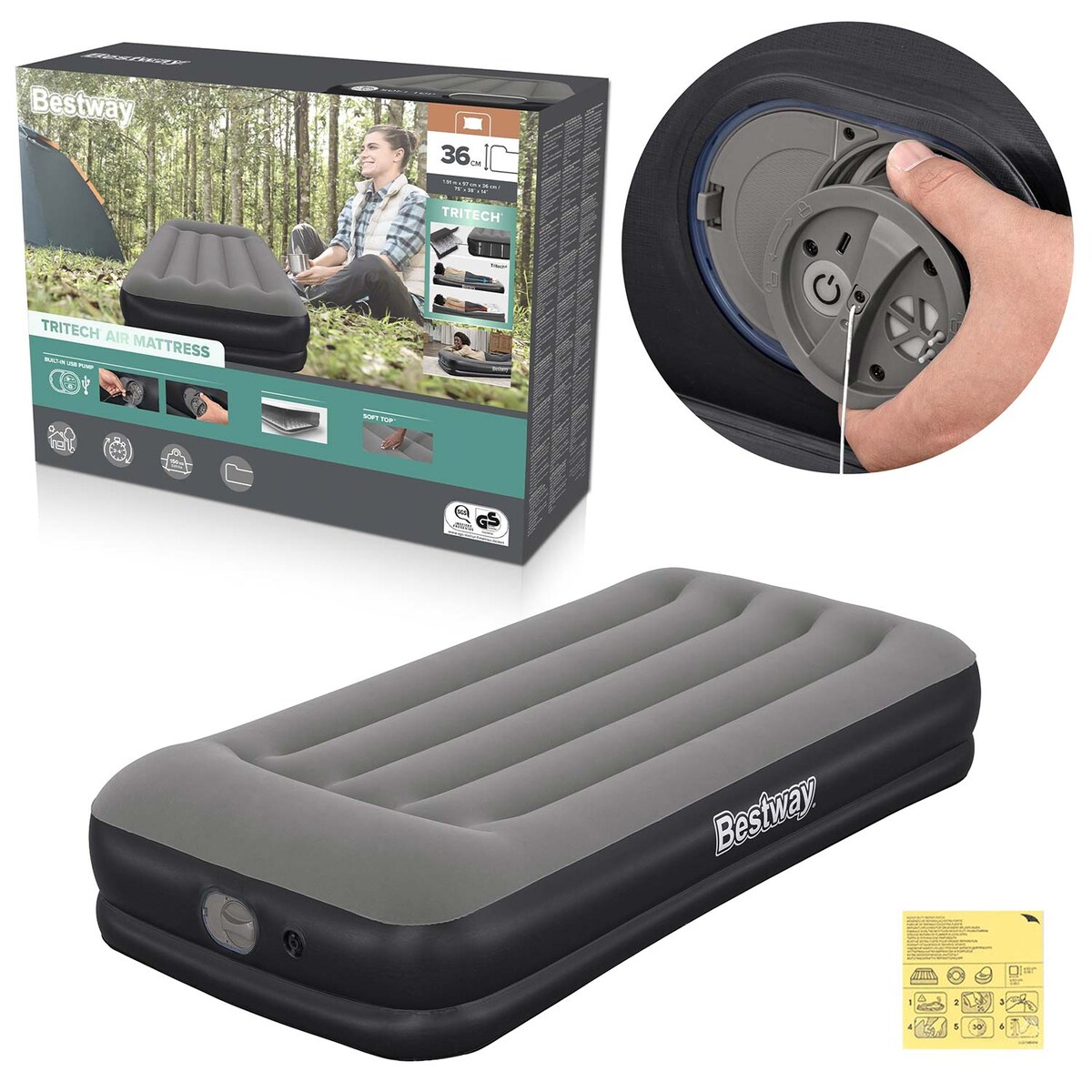 Materac dmuchany Bestway 671BT jednoosobowy łóżko do spania z pompką USB