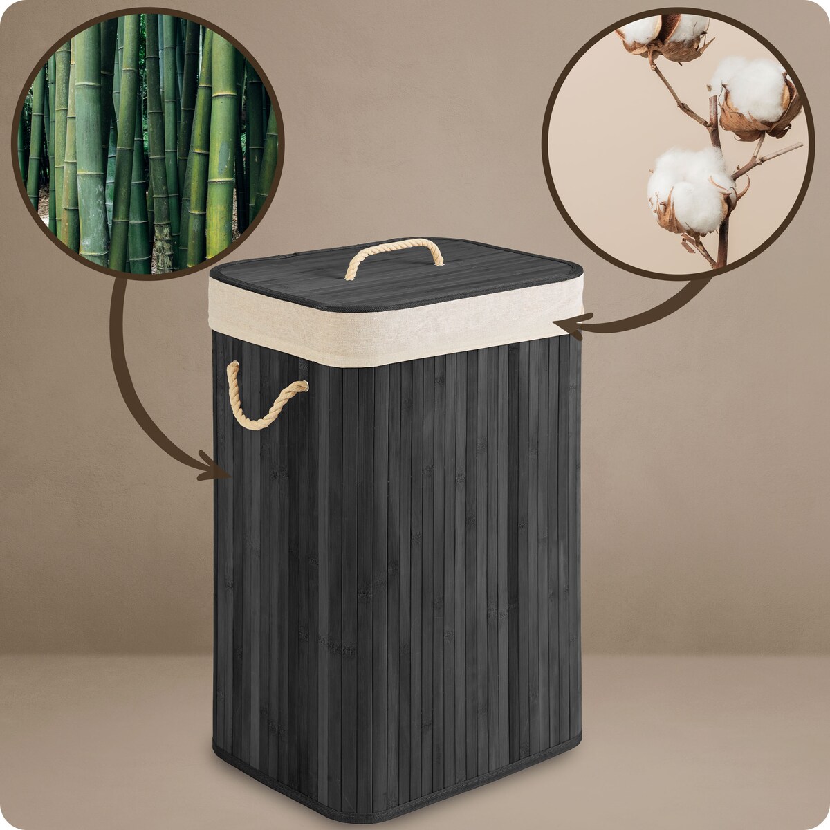 Massido, bambusowy kosz na pranie z pokrywą 72l, czarny 61x42x32 cm