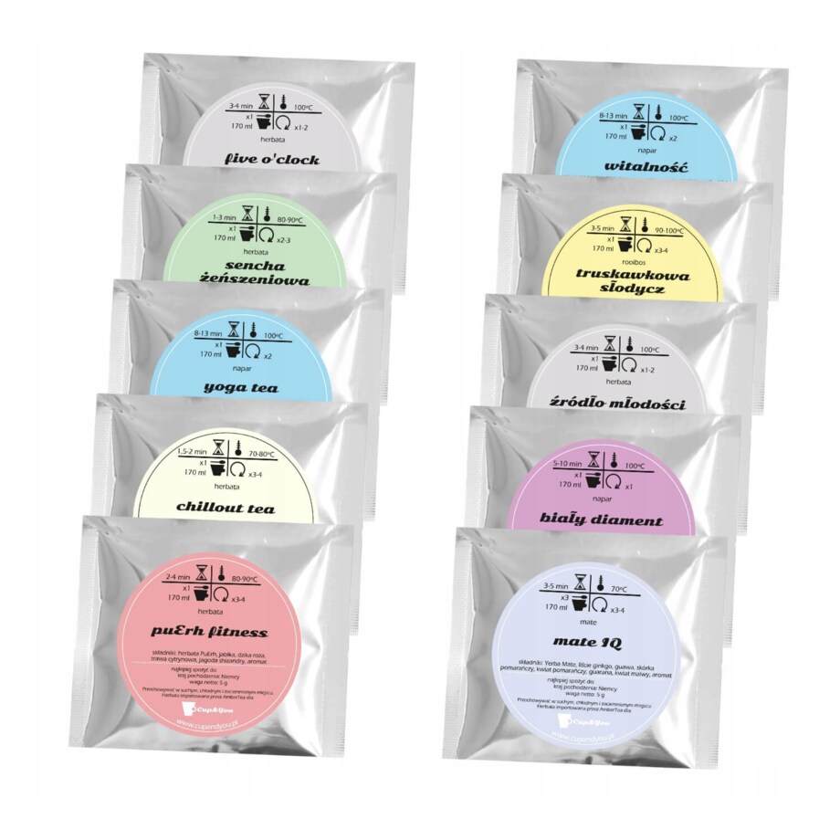 Powodzenia. Zestaw smakowych sypanych liściastych herbat 10 różnych smaków