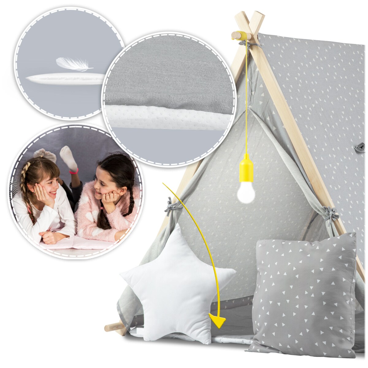 Tipi namiot dla dzieci domek poduszki lampka led bawełna premium Nukido