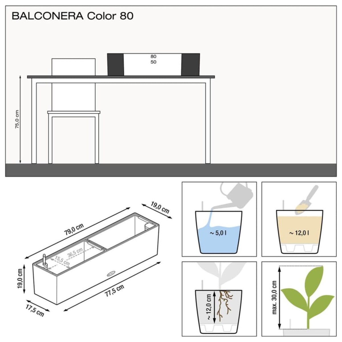 LECHUZA Donica Balconera Color 80 ALL-IN-ONE, szara, 15683