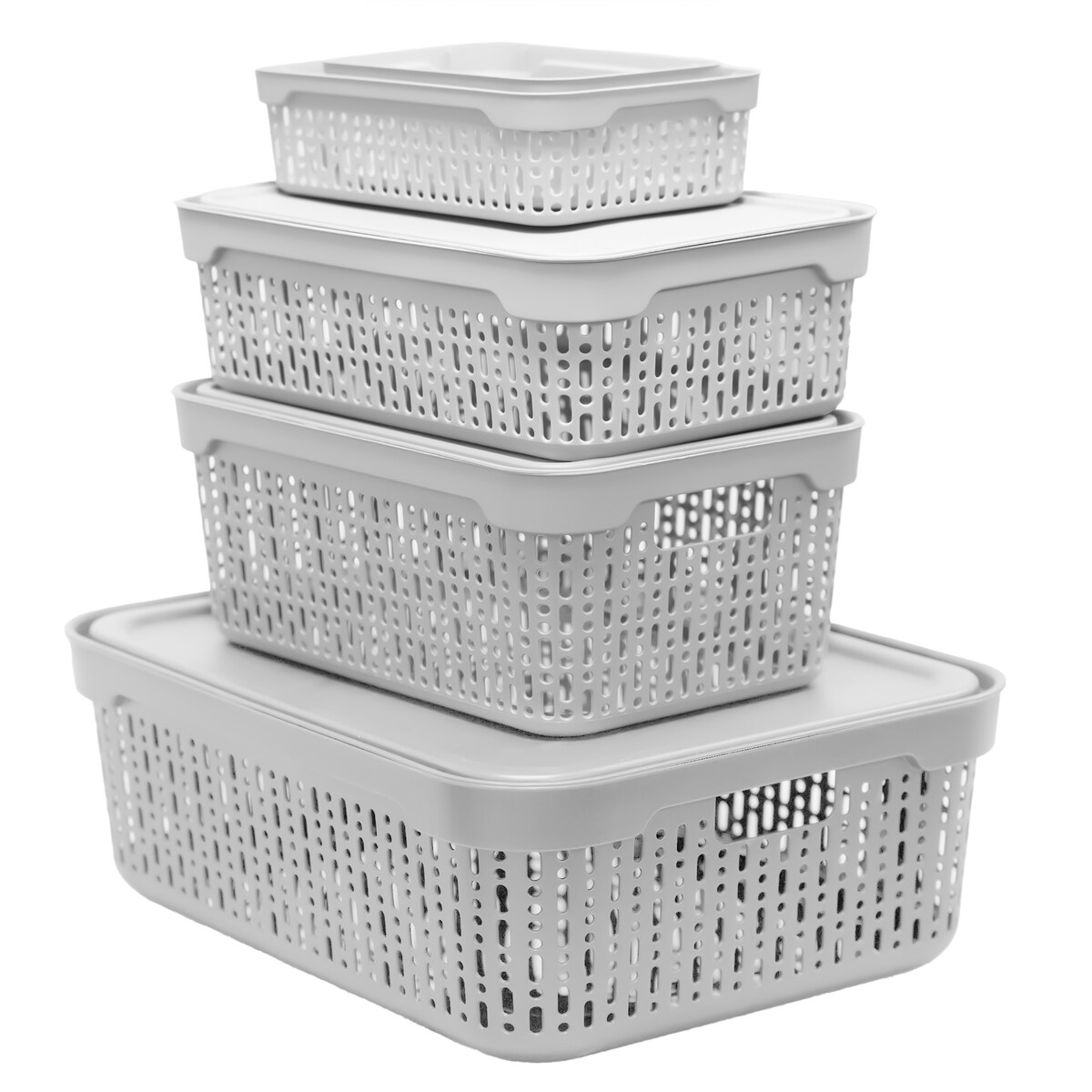 5X Koszyk Koszyczek Ażurowy Plastikowy Na Kosmetyki Do Łazienki Pojemnik Z Pokrywką Zamykany Z Dziurkami Jasnoszary Zestaw