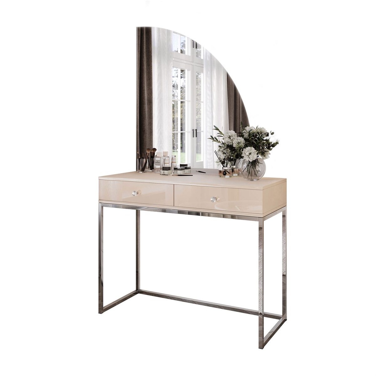 Toaletka kosmetyczna QUINNIE KASZMIR z lustrem LED chrom, prawa, uchwyt biały kryształ