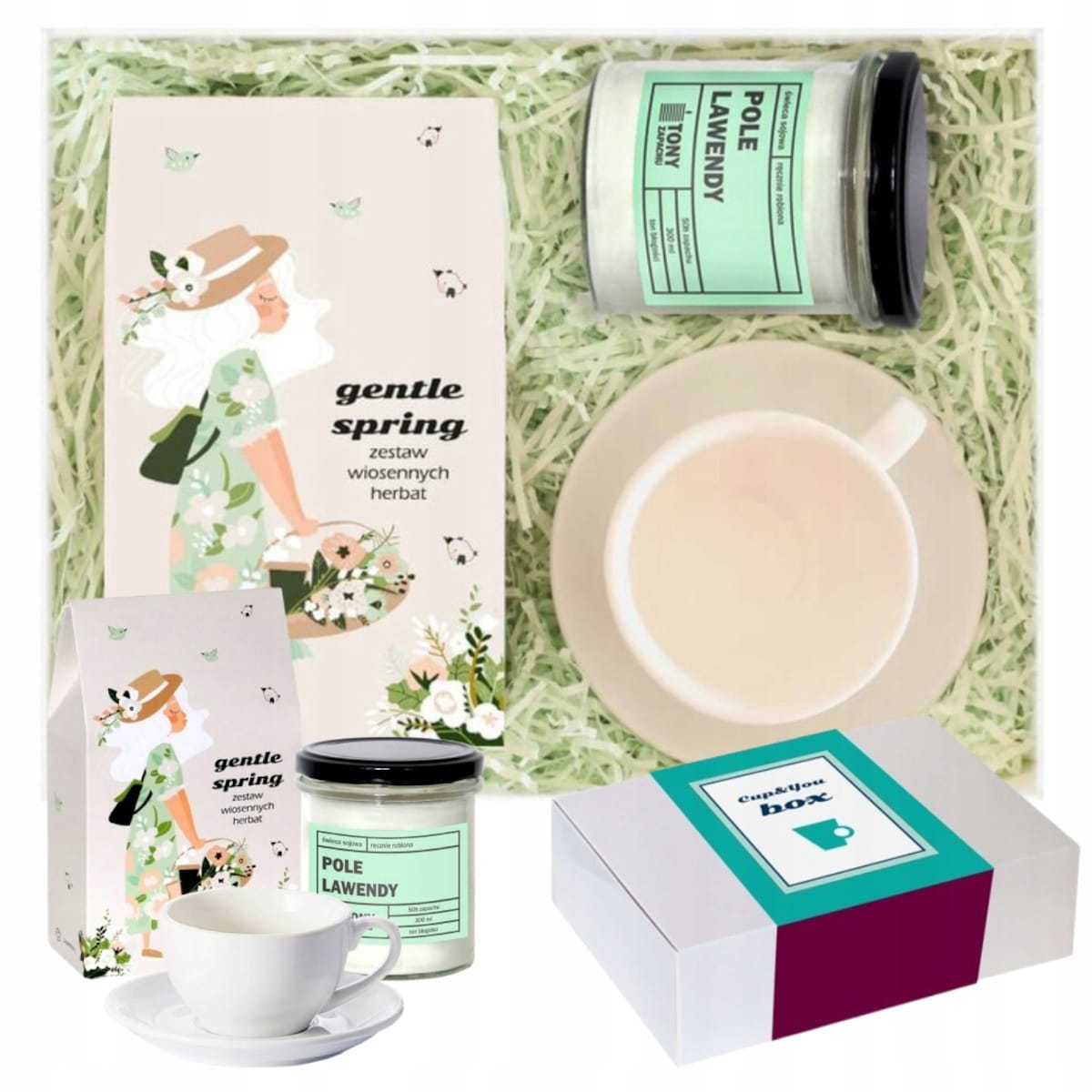 Wiosenny Box GENTLE SPRING z herbatą zaparzaczem oraz filiżanką Upominek
