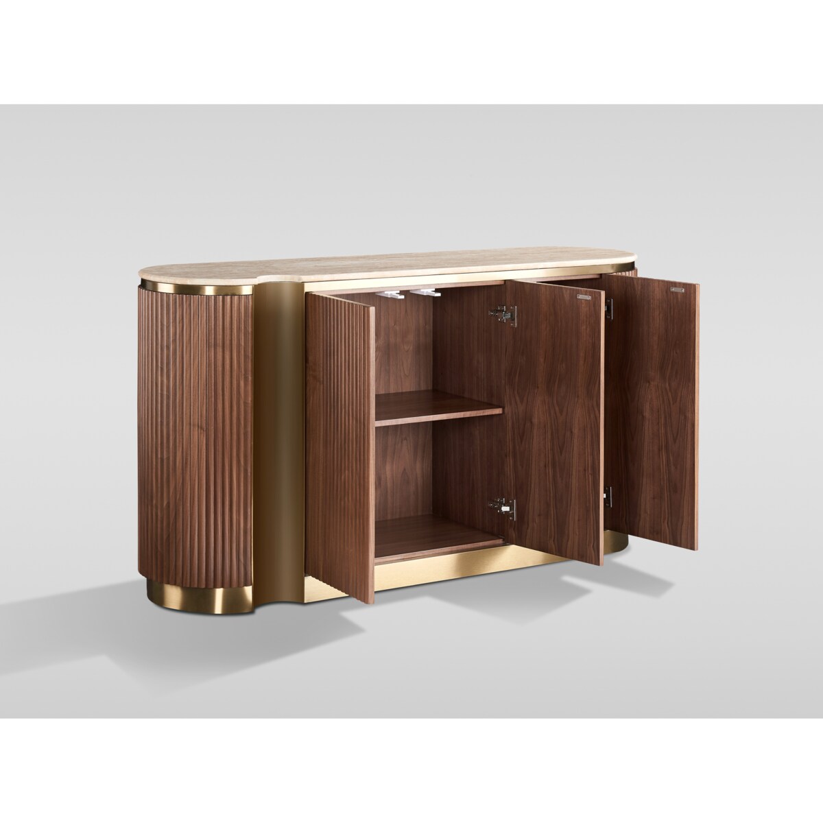 Ryflowana komoda drewniana brązowa złota Nutris Glamour Premium z blatem marmurowym 158x40x88