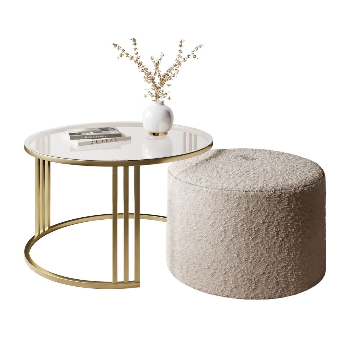 Stolik kawowy z pufą LORI GLASS złoto szczotkowane, przezroczyste szkło / Coral 50