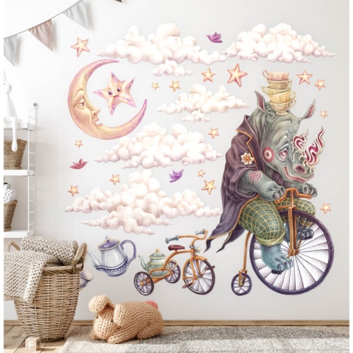Zestaw naklejek na ścianę, Pastelowe zwierzęta z bajki - nosorożec, 100cm