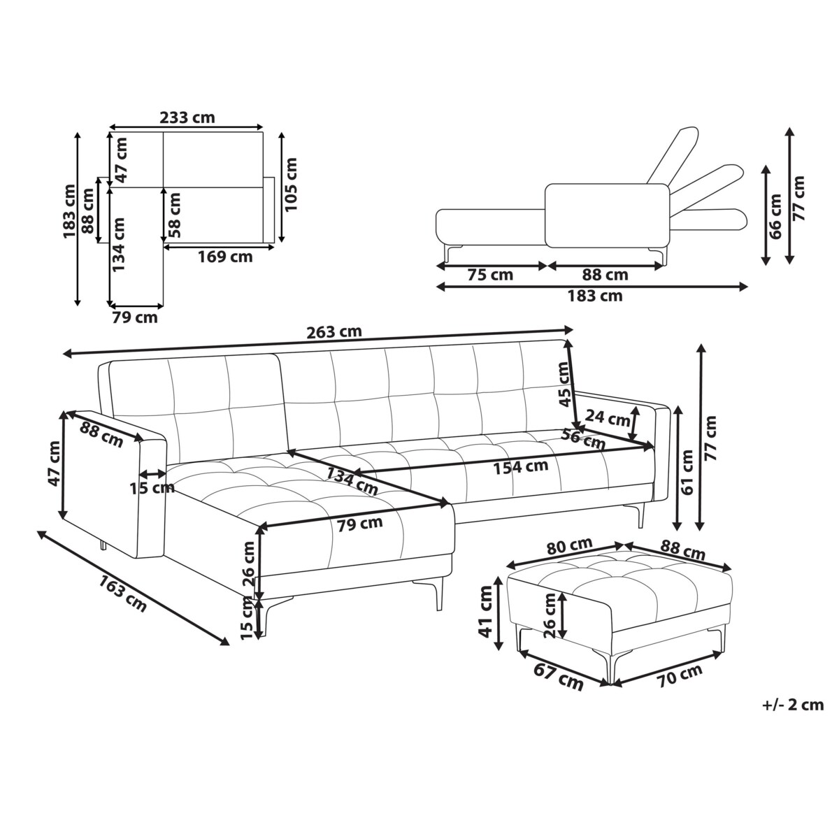 Sofa narożna prawostronna z otomaną ALNES Jasnoczerwony Welur Prawostronny