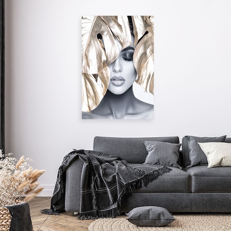 Obraz do salonu sypialni, Kobieta ze złotymi liśćmi na głowie 80x120