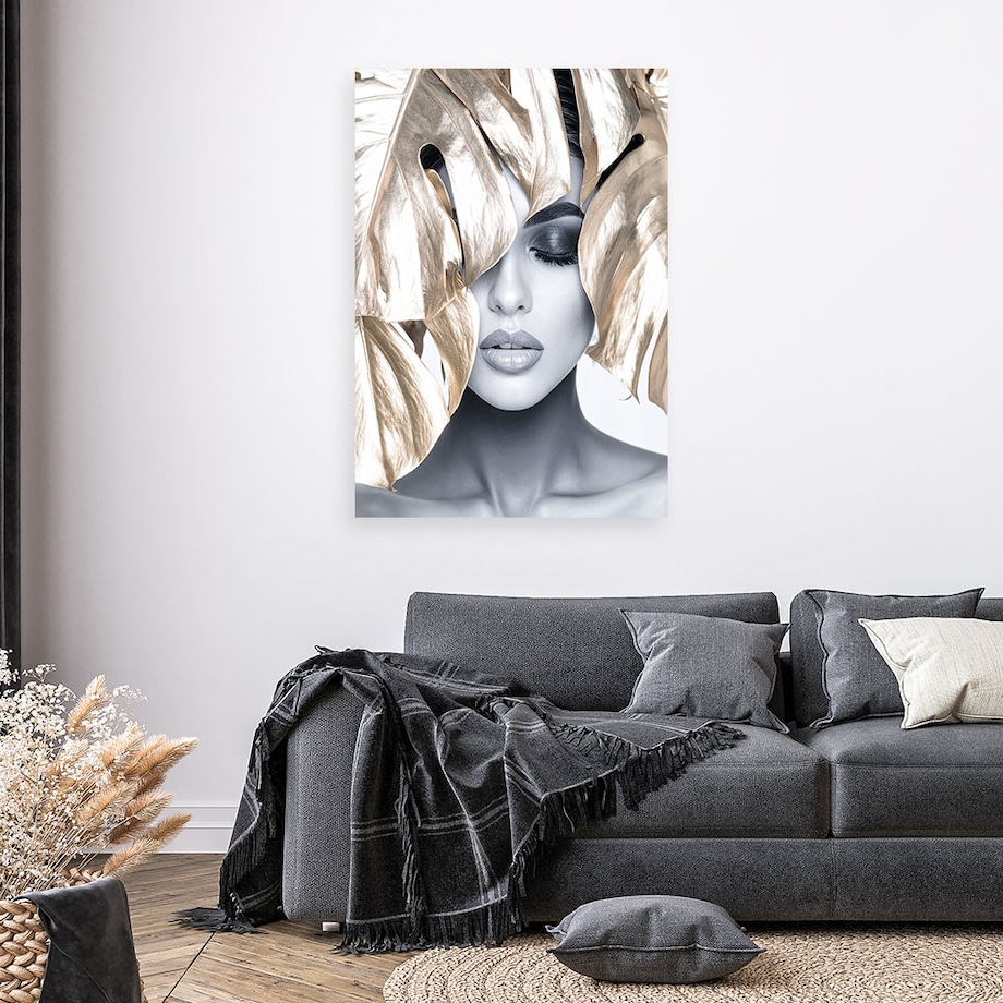 Obraz do salonu sypialni, Kobieta ze złotymi liśćmi na głowie 80x120