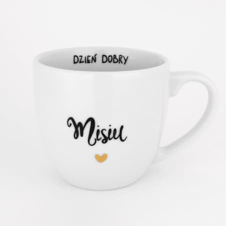 Biały Kubek Porcelanowy 300 ml - Napis Dzień Dobry Misiu ze Złotym Sercem dla Partnera na Rocznicę
