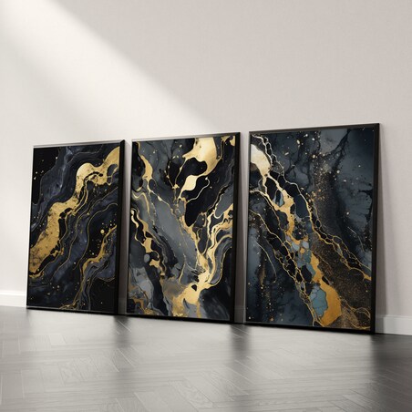 ZESTAW 3X PLAKAT W RAMIE ABSTRAKCJA CZARNY MARMUR GLAMOUR DO SYPIALNI 30x40cm