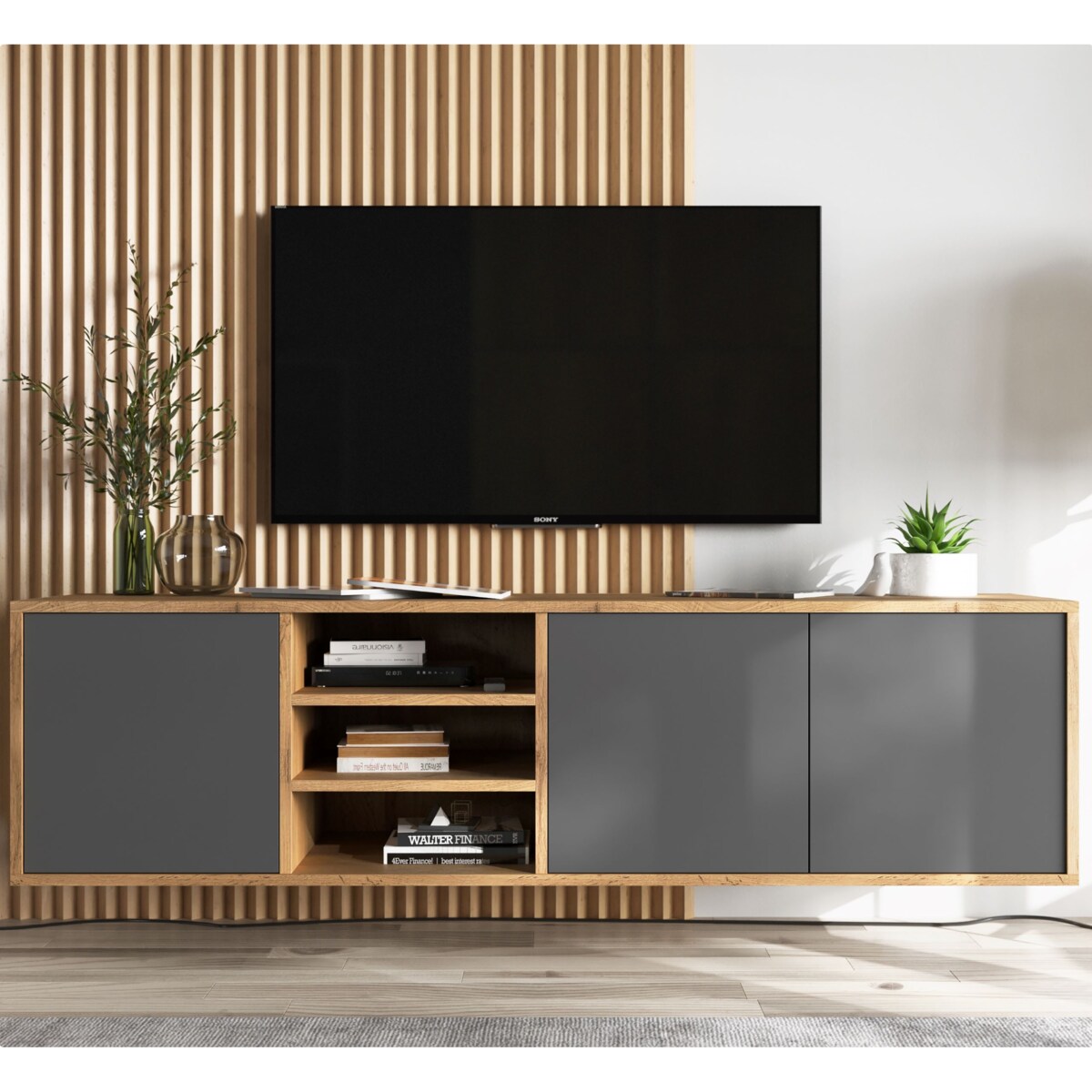 Szafka RTV Wisząca Komoda Industrialna Dąb Wotan Grafit MAT 150 cm