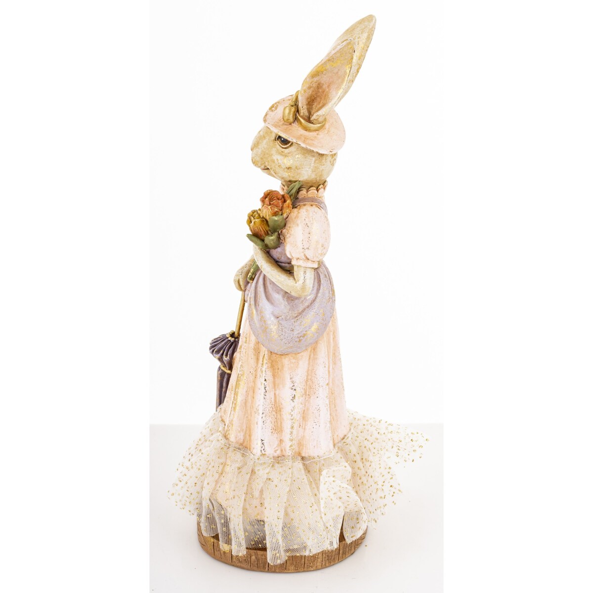 Dekoracja - pani królik w eleganckim stroju z parasolką i tulipanami 29x15x13 cm