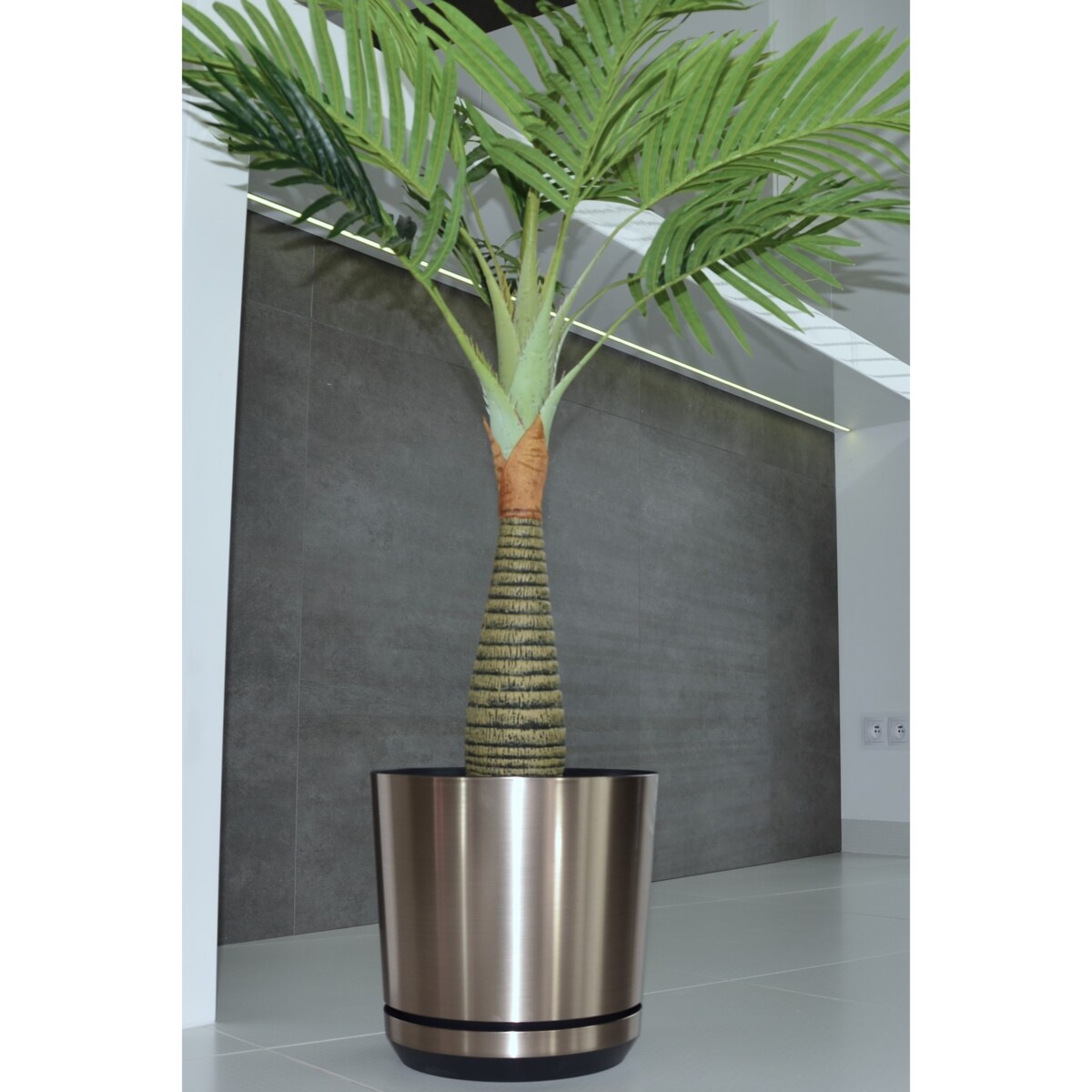 16 cm wzór STAL Doniczka z podstawką efekt szczotkowany metal z drenażem