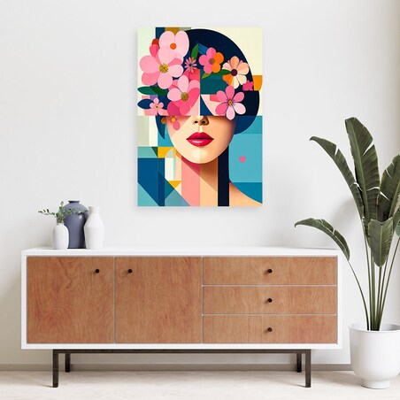 Obraz nowoczesny, Kobieta z kwiatami na głowie w stylu bauhaus 70x100