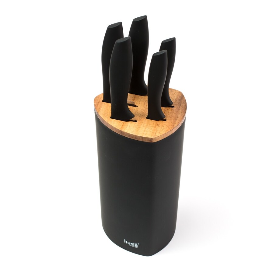 Zestaw 5 noży w bloku plastikowym z elementami drewna akacjowego Czarny HUSLA