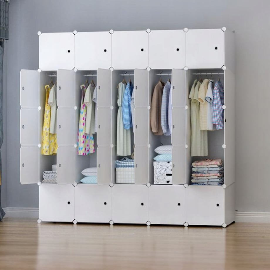 Duża szafa modułowa biała pojemna garderoba xxl na ubrania półki drążek