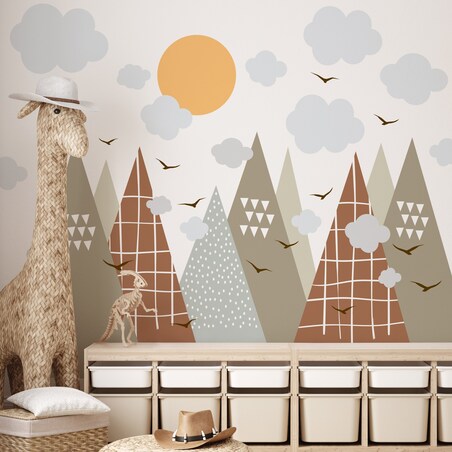 ZESTAW NAKLEJEK NA ŚCIANĘ DLA DZIECI BEŻOWE GÓRY STYL SKANDYNAWSKI