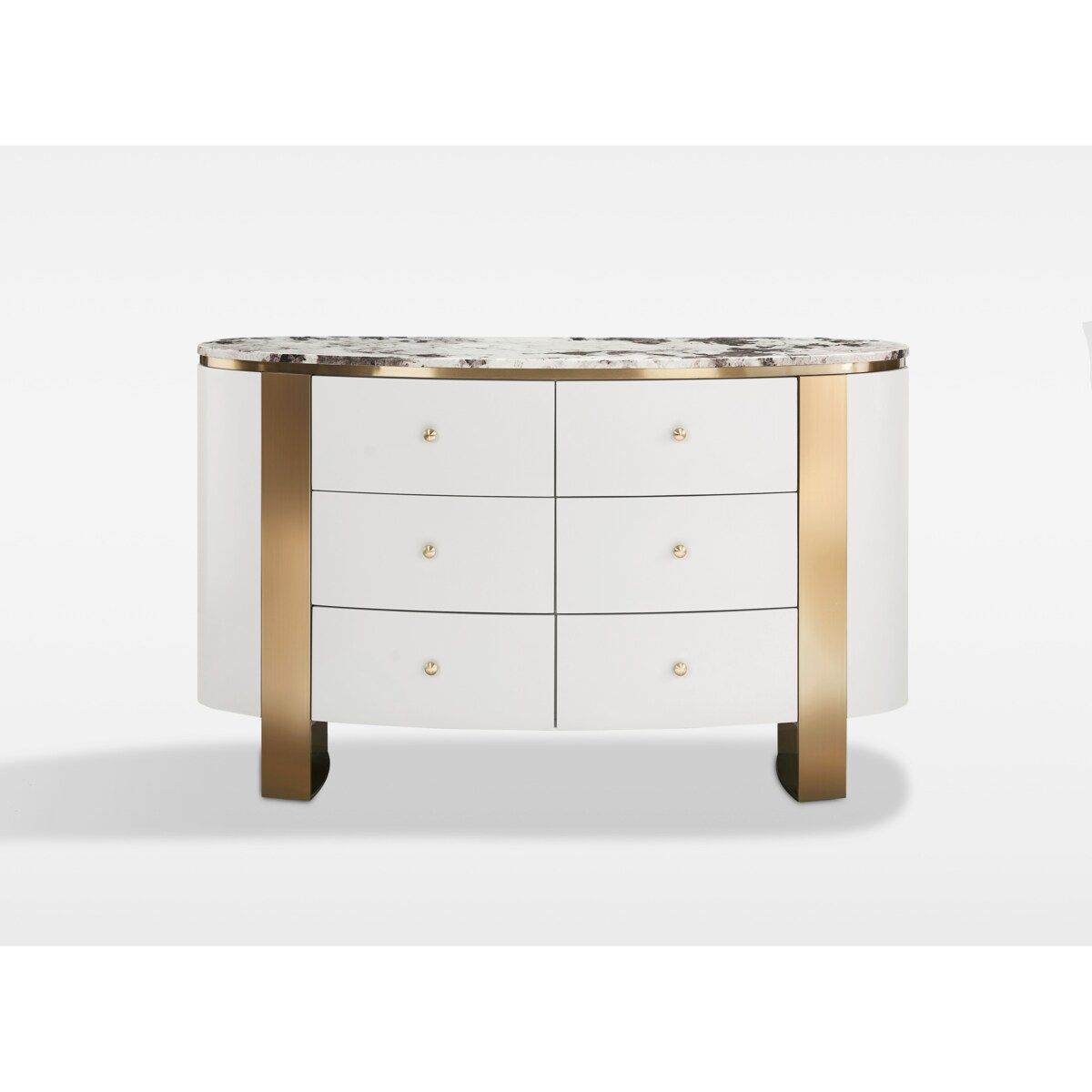 Komoda biała Sofia na złotych nogach z kamiennym blatem 140x40x85