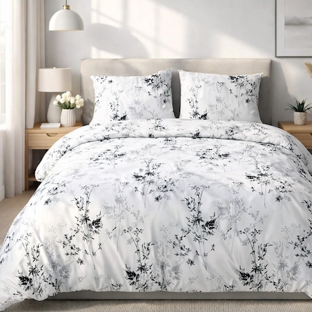Pościel satyna bawełniana 160x200 Noira biała z czarnym i szarym botanicznym wzorem, Satynlove