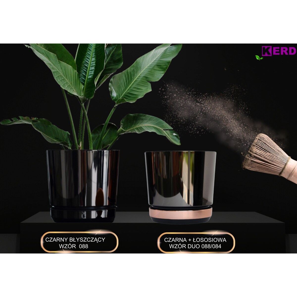 32 Doniczka DUO CZARNA z podstawką ŁOSOSIOWA dwukolorowa nowoczesna industrialny loft glamour wysoki połysk metaliczna elegancka dużą donica