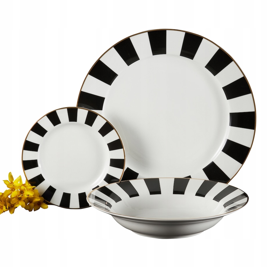 SERWIS OBIADOWY 6 osób W PASKI biało czarne talerze elegancki na prezent