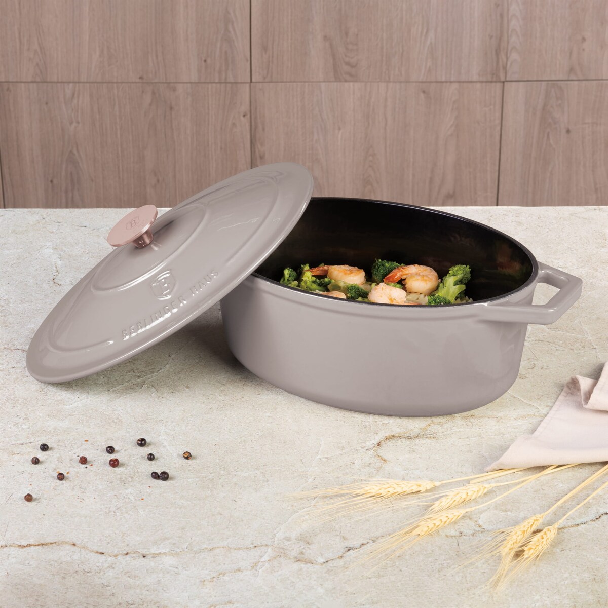 Garnek żeliwny owalny 4,65l z pokrywką 30cm Berlinger Haus Taupe BH-6541