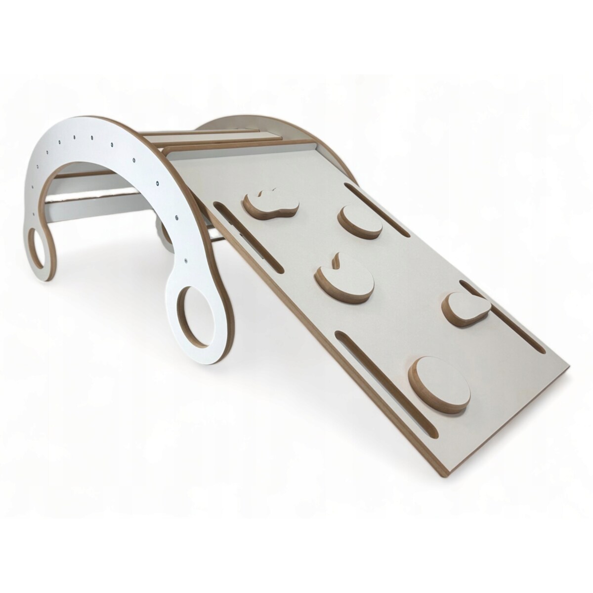 Drewniany Bujak Montessori dziecka +Poduszka Szara +Ścianka +Zjeżdżalnia CE