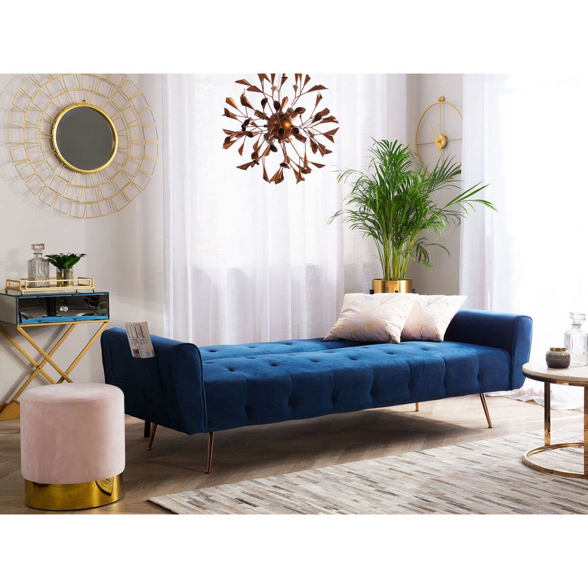 Sofa rozkładana welurowa ciemnoniebieska SELNES