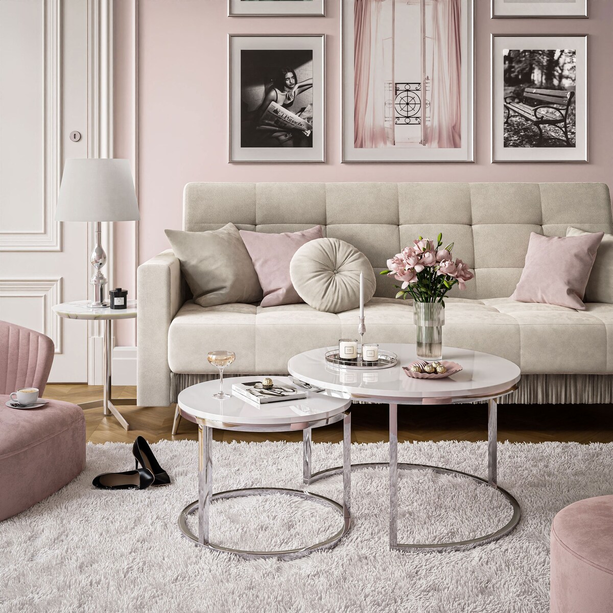 Okrągła ława 2w1 CIRI chrom biały połysk