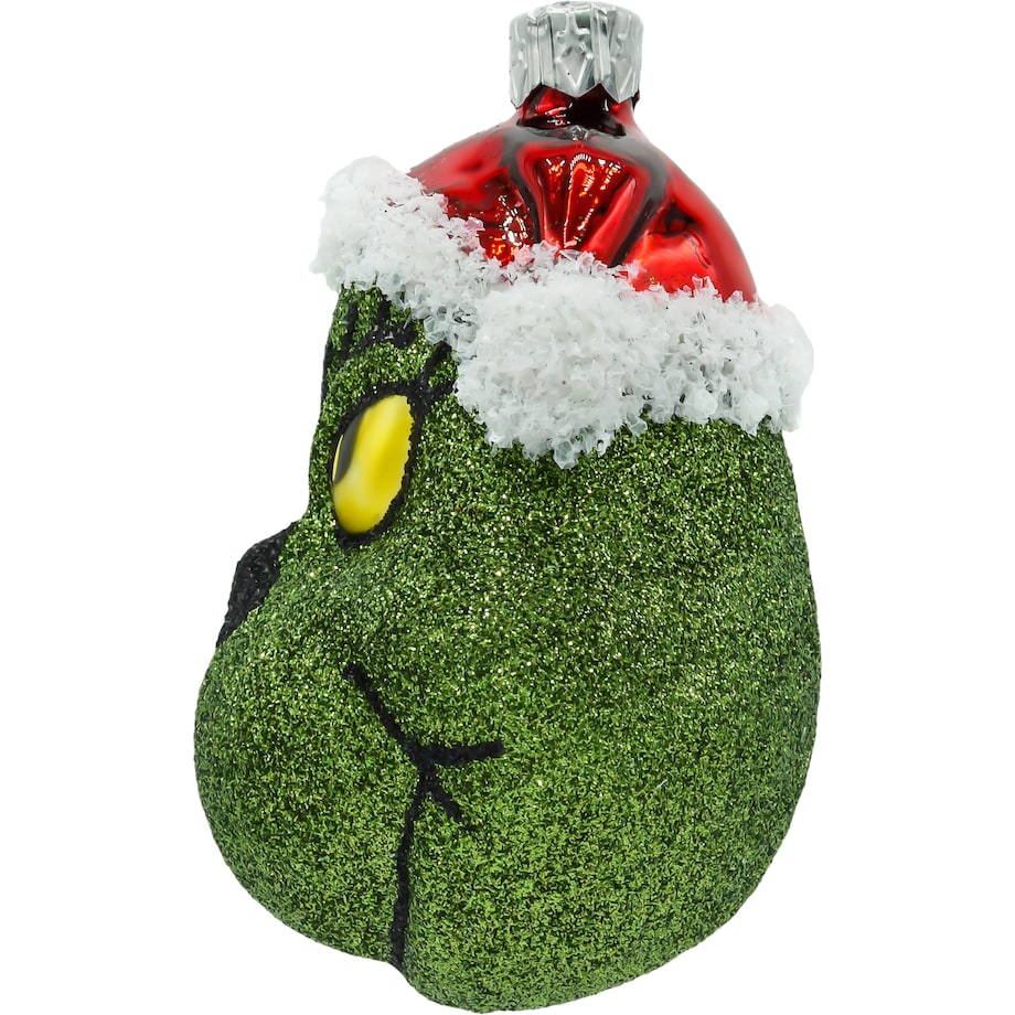 Bombka choinkowa: Zielony stwór Grinch w czapce Mikołaja: brokatowy