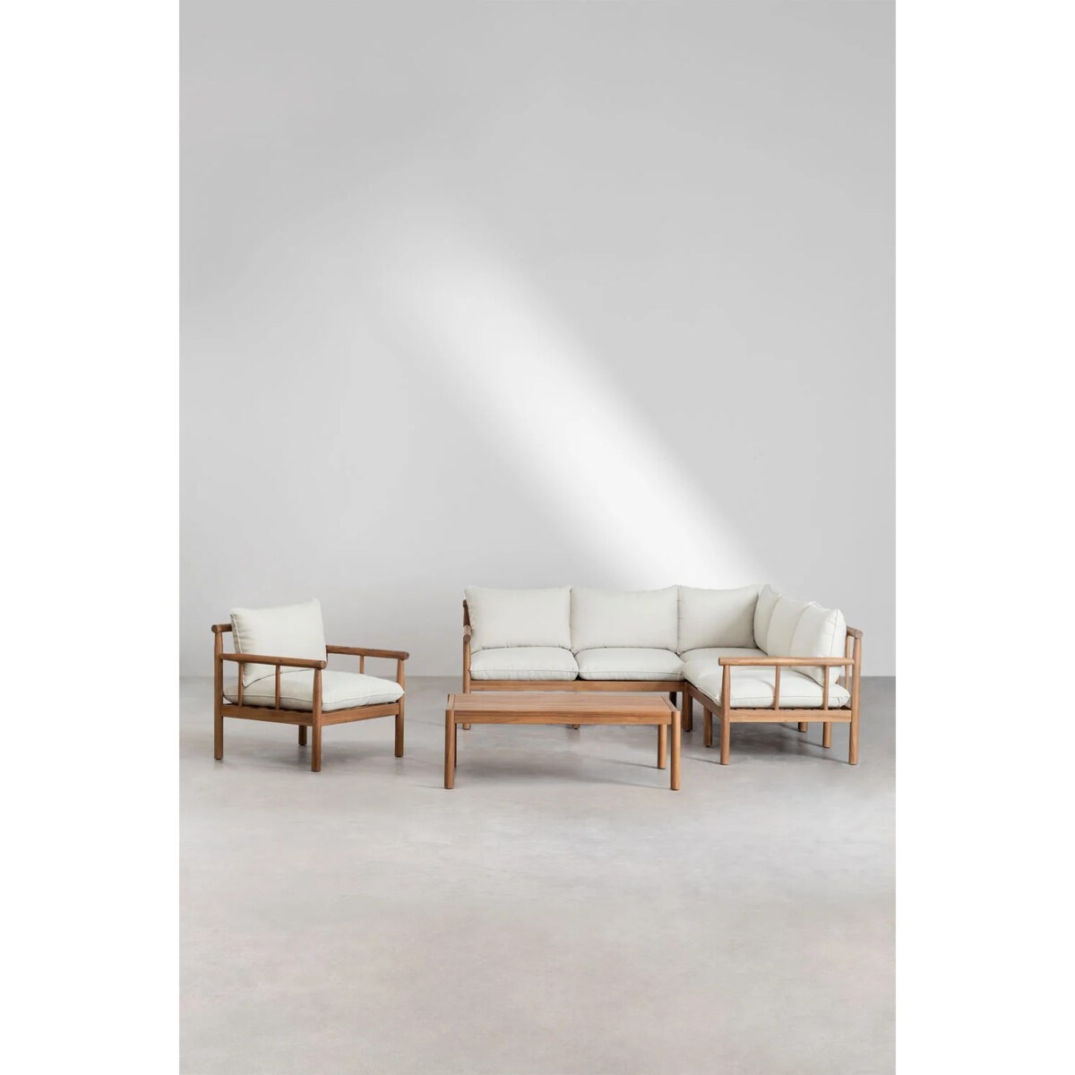 Zestaw ogrodowy: 5-osobowa sofa narożna, fotel i stolik kawowy z drewna akacjowego Melvin