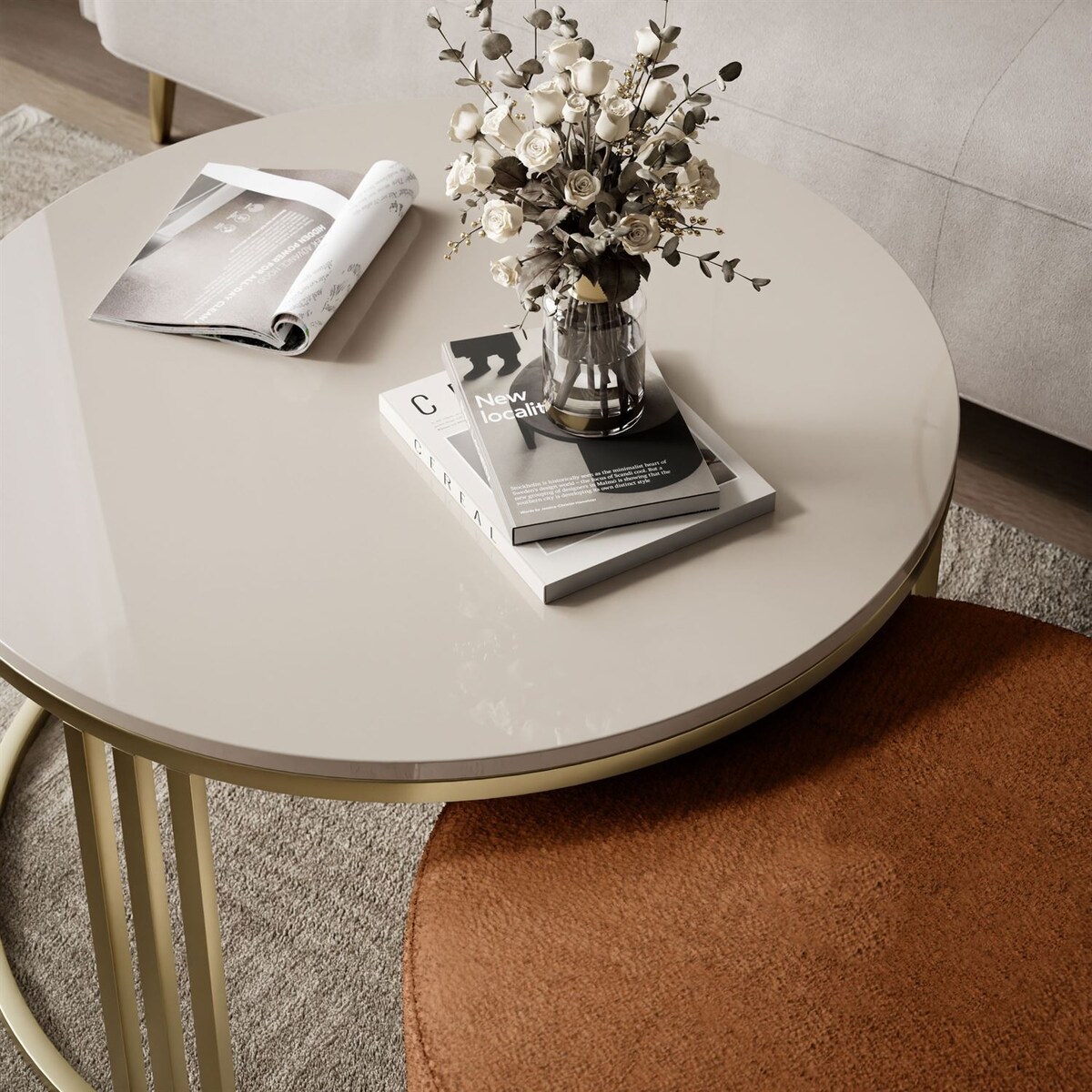 Stolik kawowy z pufą LORI POŁYSK złoto szczotkowane, kaszmir / Perfect Harmony 52