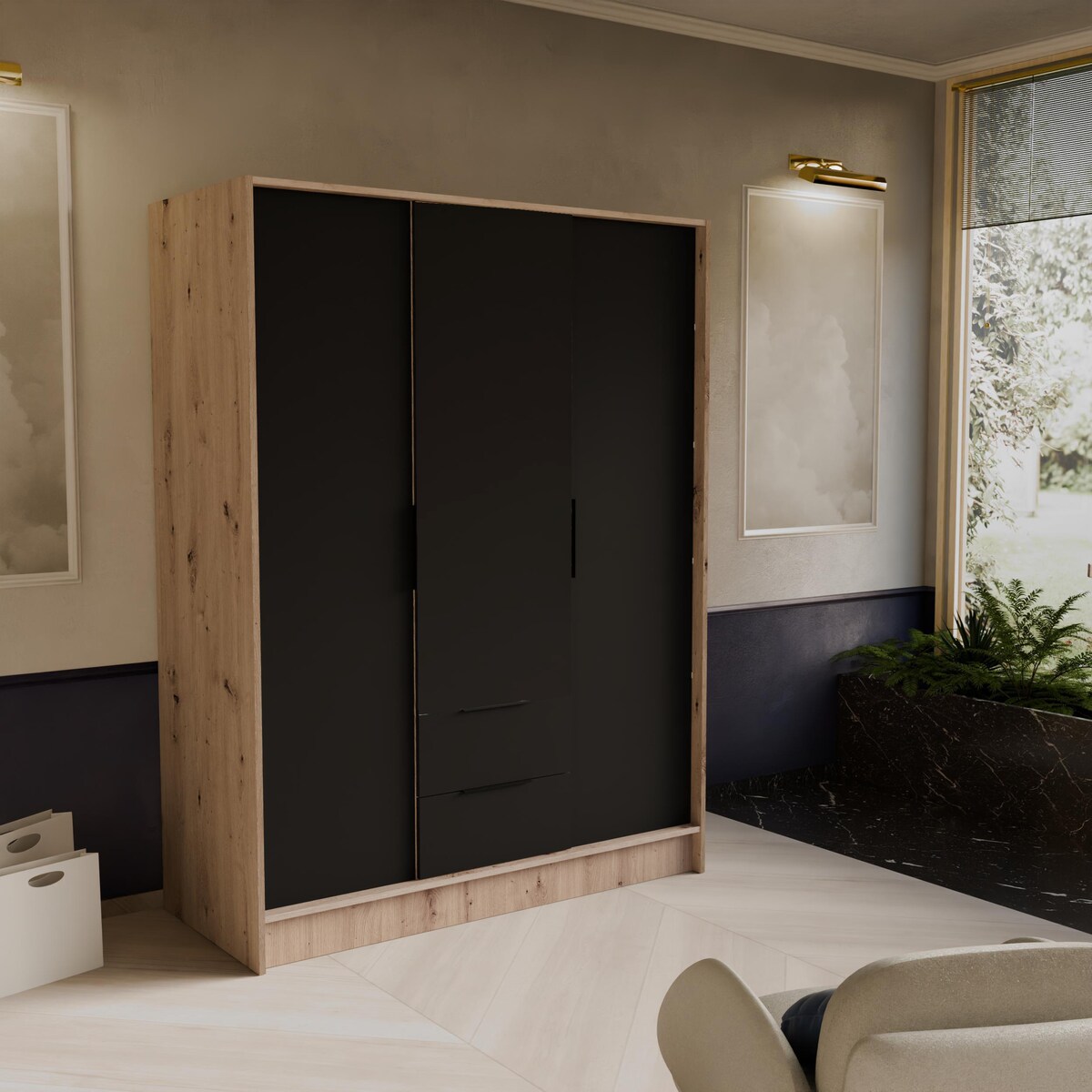 Szafa NIKOLA 150 z regulowanymi półkami do pokoju-sonoma+czarny front