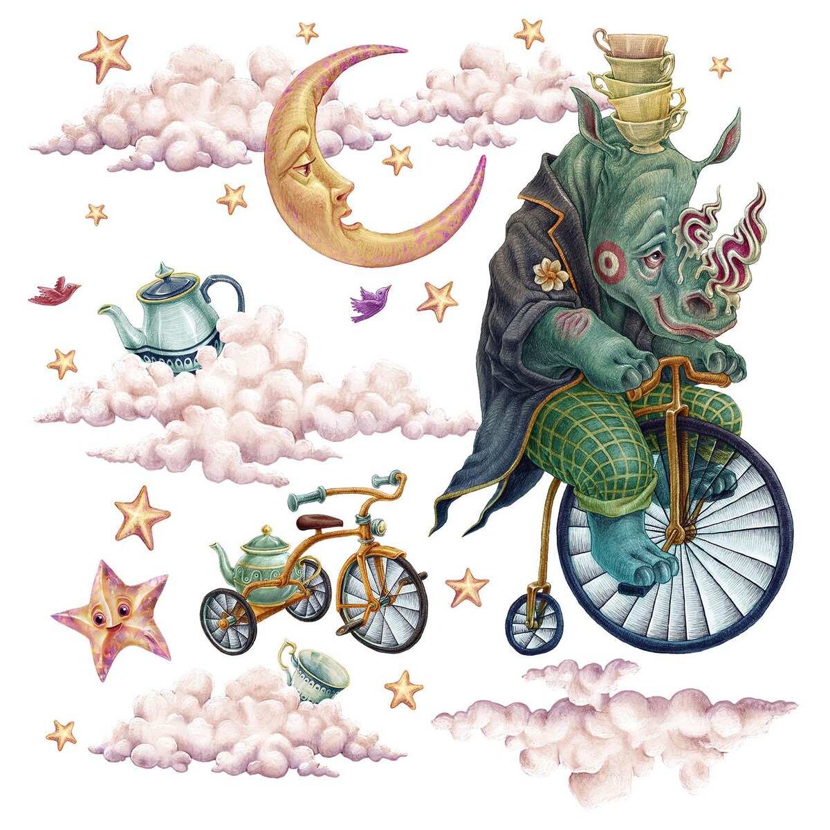 Zestaw naklejek na ścianę, Zwierzęta z bajki - nosorożec, 130cm