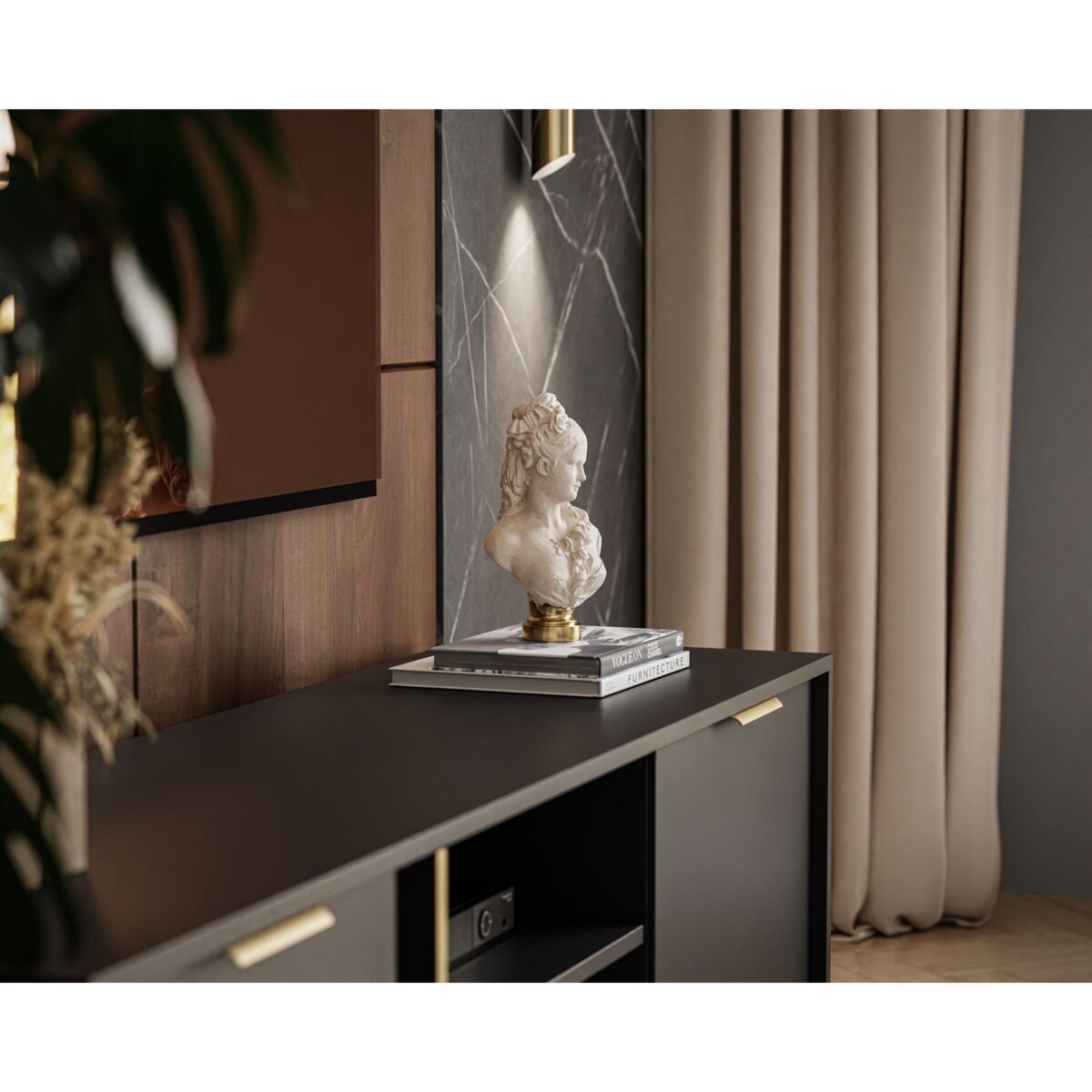 Szafka RTV LARETTO 153 cm antracyt, czarna, nóżki czarne