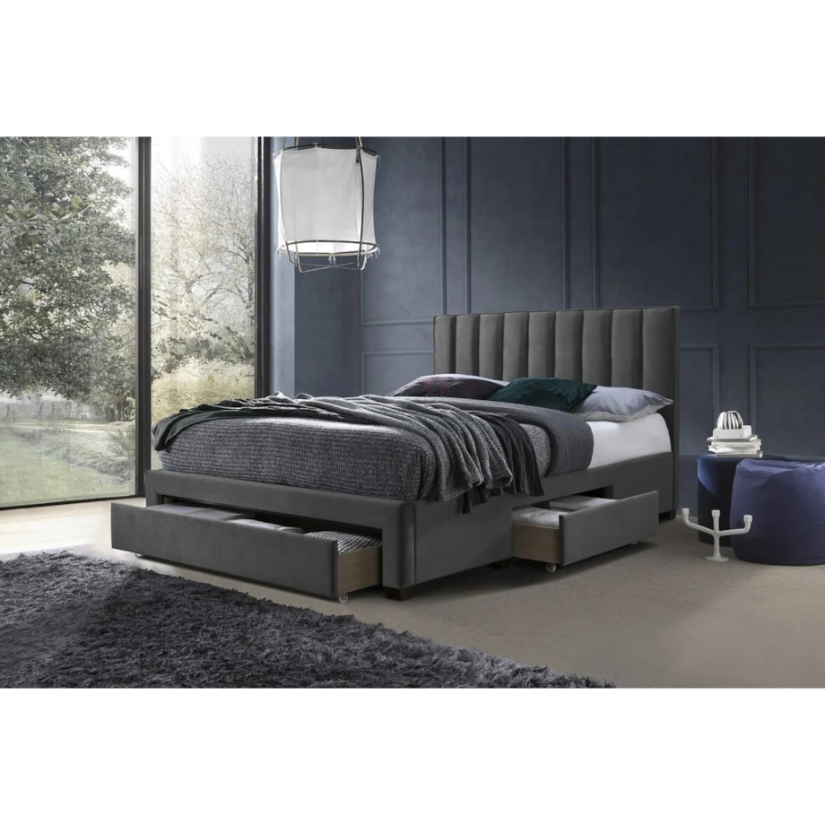 Łóżko GRACE VELVET 160x200 szare z szufladami