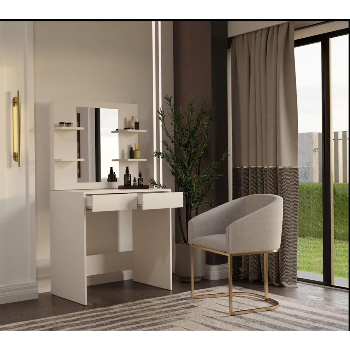 Toaletka Kosmetyczna z Lustrem Do Makijażu MARINA 4P + Biurko 2S Kaszmir