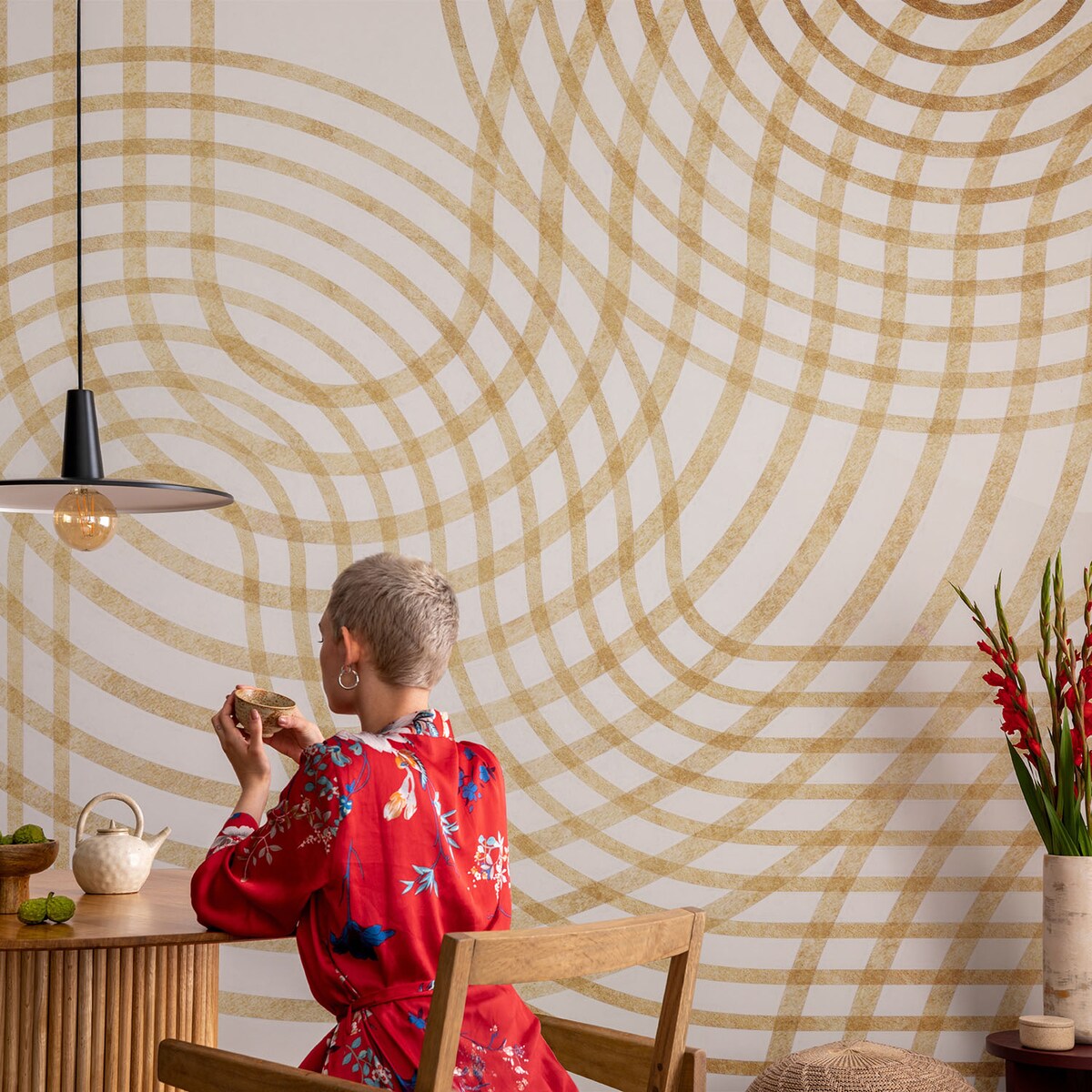 Fototapeta flizelinowa 312x219 cm - Geometryczne sploty, tapeta ścienna biała