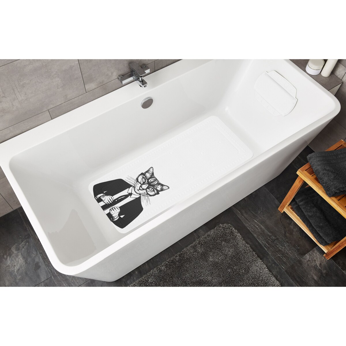 Kleine Wolke Kalli Mata antypoślizgowa do wanny 36x92 cm kot PVC czarno-biały