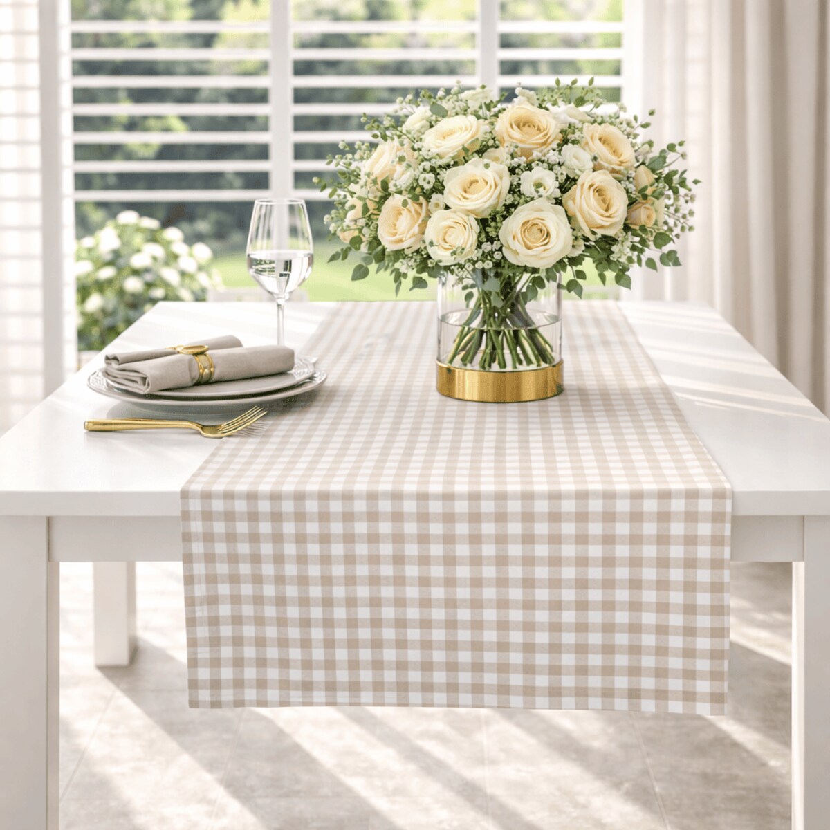 Bieżnik w drobną kratę Beige Gingham – 50 × 150 cm