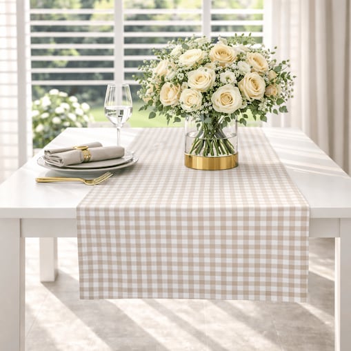 Bieżnik w drobną kratę Beige Gingham – 50 × 150 cm