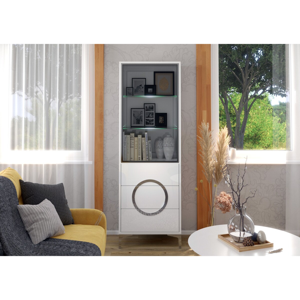 Biała nowoczesna witryna Dancan EVA ze szklanymi drzwiami / połysk