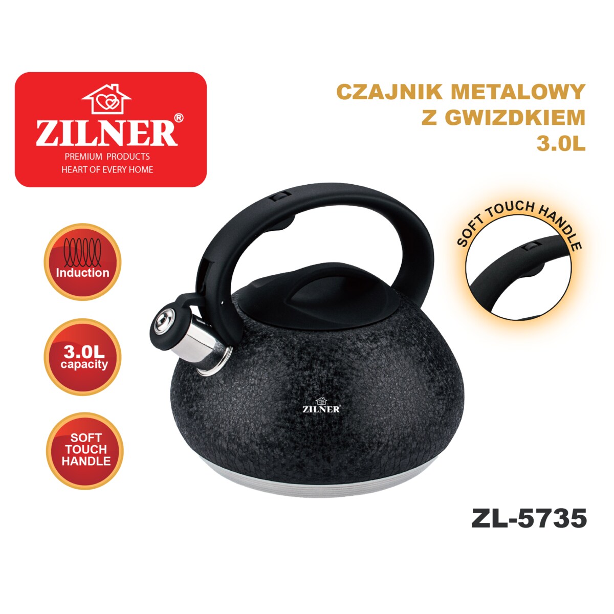 Czajnik na gaz 3L tradycyjny z gwizdkiem indukcja czarny matowy ZILNER